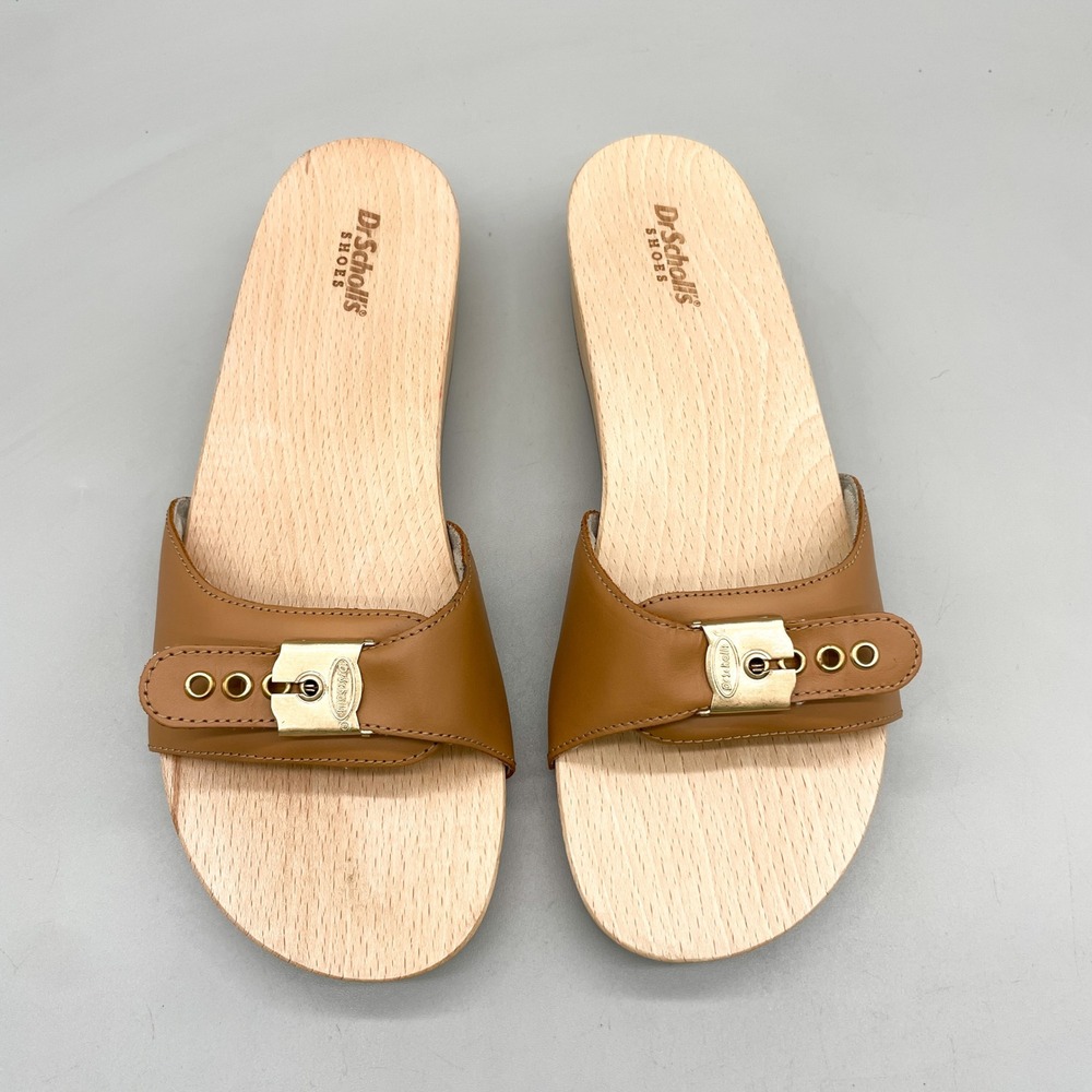 Dr Scholls Womens 9M Original Clog Slide Sandals Tan Leather Wood Platform Boho